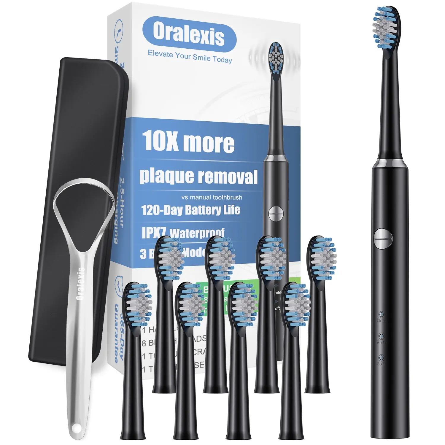 Adult Smart Electric Toothbrush, 3 Vibration Modes, Ipx7 Waterproof, 8 Brush Heads + Tongue Scraper, USB Fast Charging, Automatic Clean, Cleansing