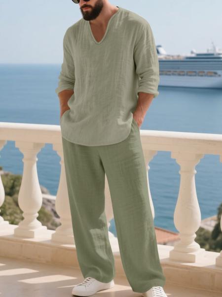 Men's Linen Set Long Sleeve V Neck Shirt & Pants, Casual Loose Fit Beach Vacation, Spring Fall Fashion Comfortable Wear