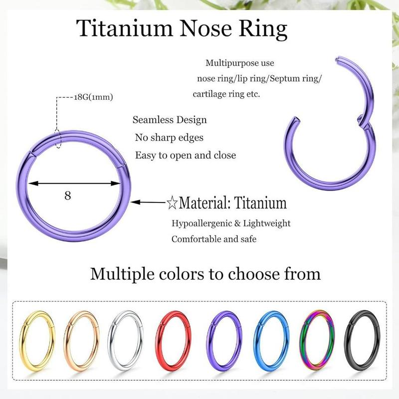 FINREZIO 8 Pcs 16G 18G G23 Titanium Nose Rings Hoop for Women Men Multi-Color Hinged Cartilage Lip Septum Rings Helix Conch Tragus Piercing Jewelry 8MM 10MM Daily