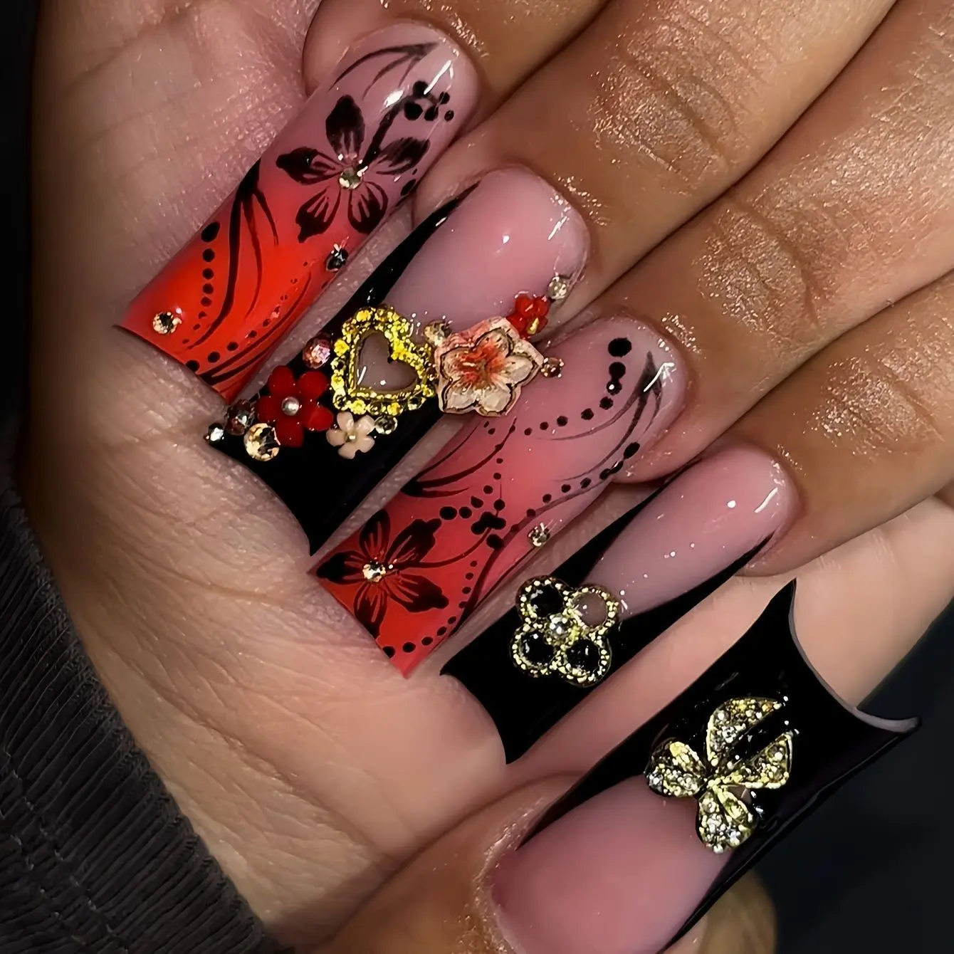 24pcs Gradient Flower Bow Nails, Long Square False Nails, French Tip, French Nail Art, 3D Charms, Y2K Gothic Style, Reusable Fake Nails