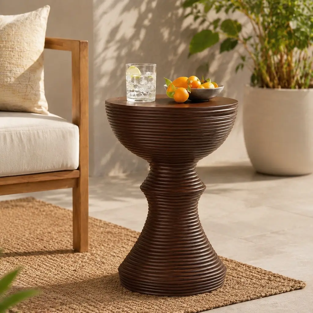 ARCH Furniture 16.25x16.25x20.75 in Wood-Like Finish Concrete Outdoor Side Table - 17.41 lbs, Hourglass Design, Flared Base, Lightweight, Weather Resistant, Sturdy Construction