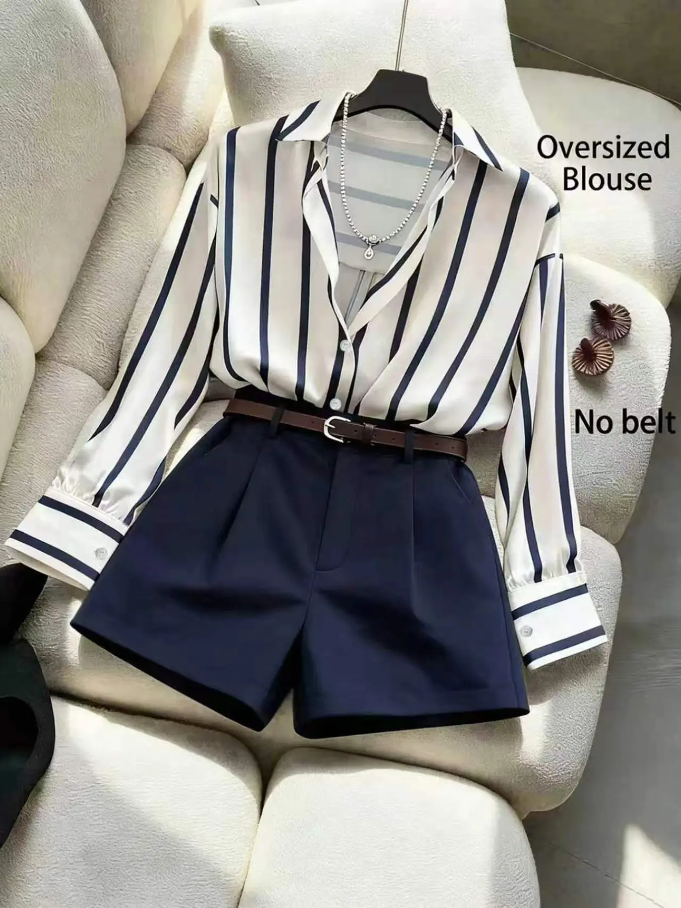 Women's Casual Chic Striped Print Long Sleeve Shirt and Pleated Shorts Set, Perfect for Daily Wear, Work, and Commute