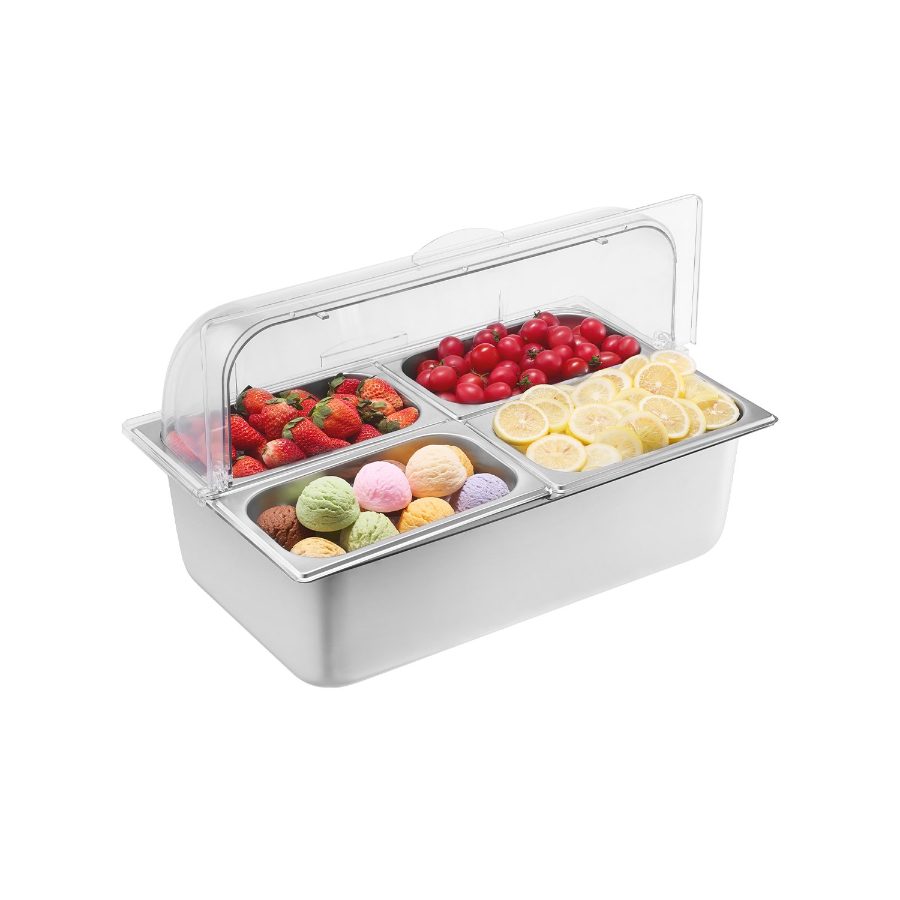 VEVOR Countertop Food Serving Display Container, 4 Pan Stainless Steel Food Serving Tray, Buffet Condiment Dispenser Display Rack with Clear Lid 3 Freezer Boxes, for Restaurant Hotel Kitchen Party