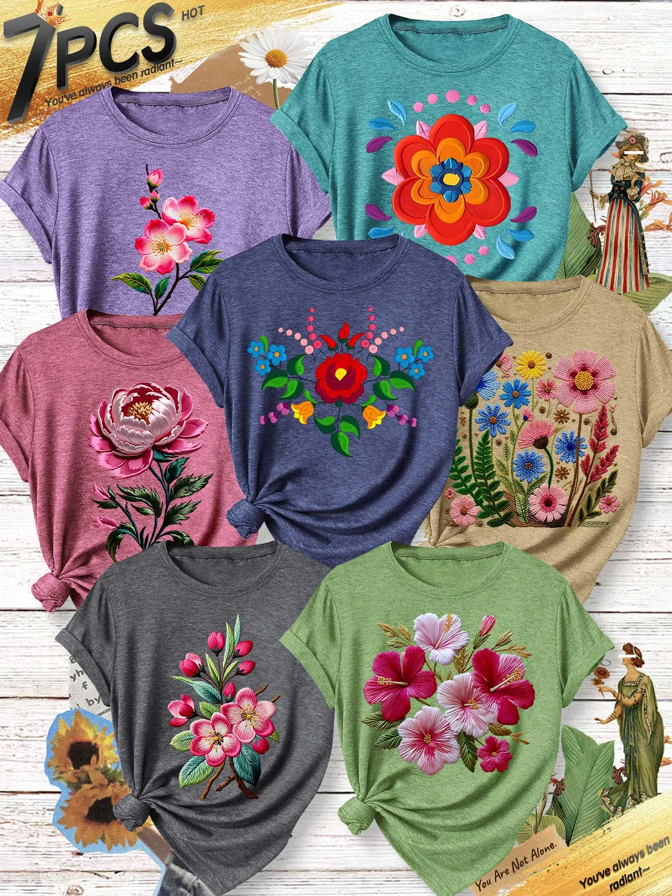 7Pcs Women Casual Round Neck Tee,Single Peach Branch,Contrast Big Floral Flower,Peony Leaf,Red Berry Twig,Fern Mixed Flower Prints,Multi-color, Washable,Soft Spring&Summer Daily Top