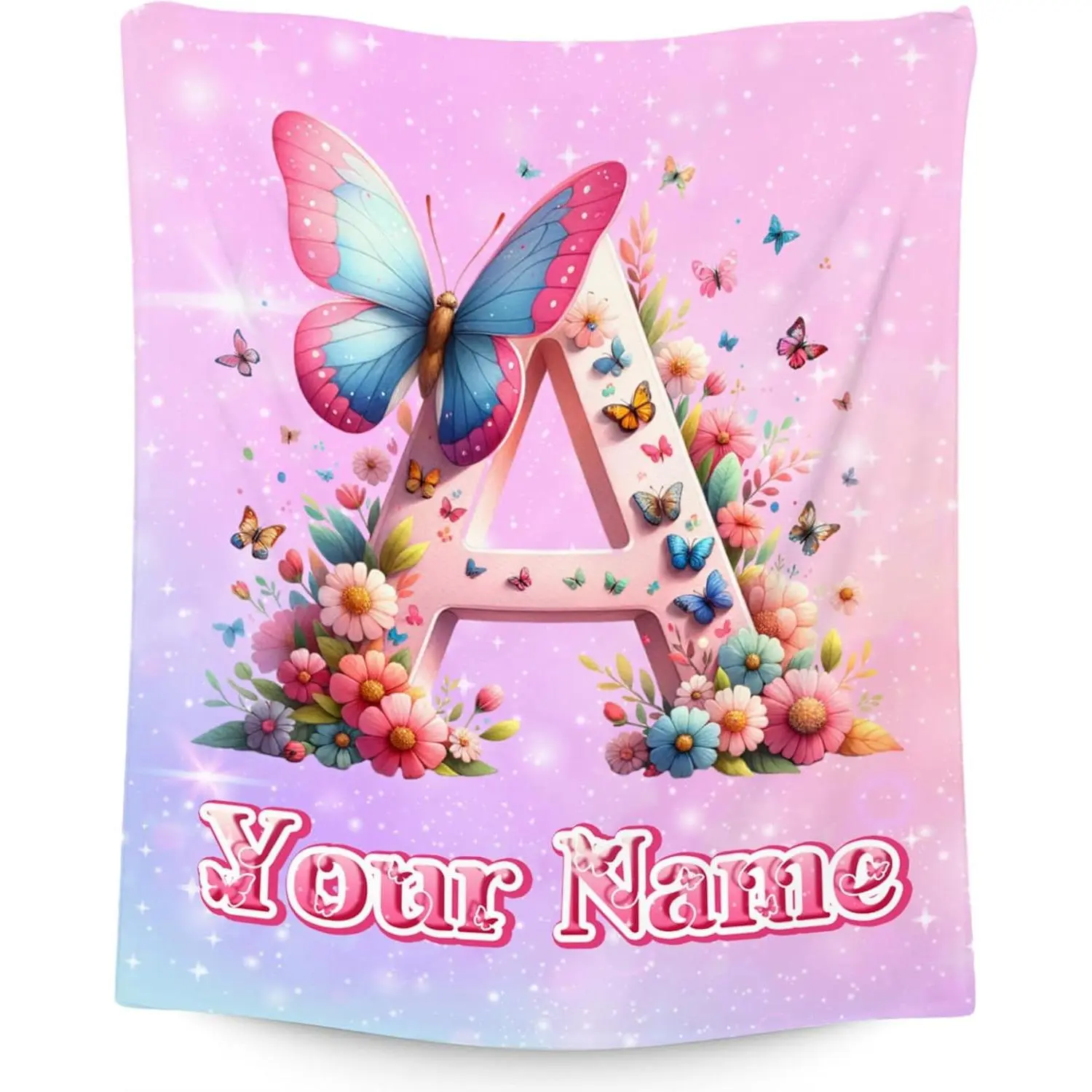 Dreamy Butterfly Initial Throw Blanket, Personalized Letter A Flannel Blanket, Soft Cozy Warm Cover, Custom Name Floral Garden Design, Gift for Her Girl Daughter, Whimsical Nursery Bedroom Couch Decor
