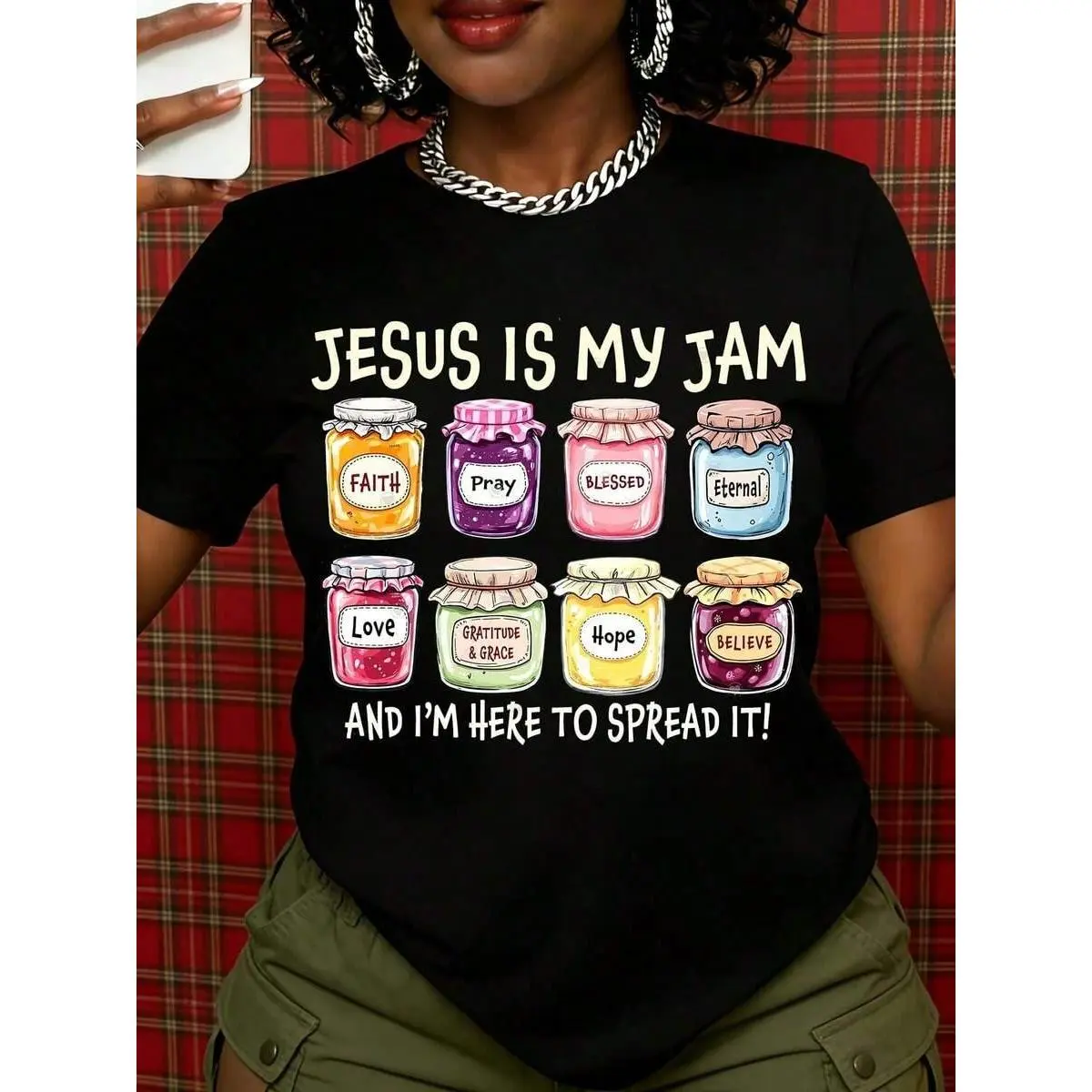 Women's Seamless Thin Cotton Fabric Fit Christian T-Shirt - "Jesus Is My Jam And I'm Here To Spread It" Inspirational Message, Religious Church Gift, White Tee with Faith Prayer Blissed Eternal Love Grace Hope Themes newport