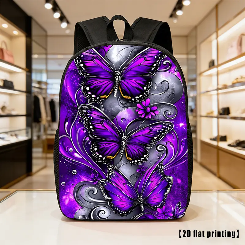 Purple Butterfly, Lightweight, Large-Capacity Unisex Backpack with Adjustable Shoulder Straps, Side Pockets, Suitable for Casual Wear, Commuting, And Multiple Uses. Ideal for Hiking, Mountaineering, And Adventure, As Well As a Laptop Bag
