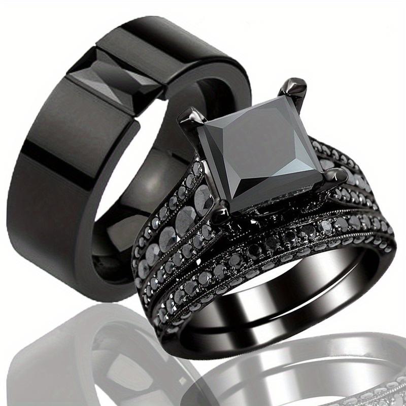 Stylish Couples Ring Set - Durable Stainless Steel with Sparkling Black Cubic Zirconia - Romantic Anniversary Gift for Him and Her - Hypoallergenic & Scratch-Resistant Design