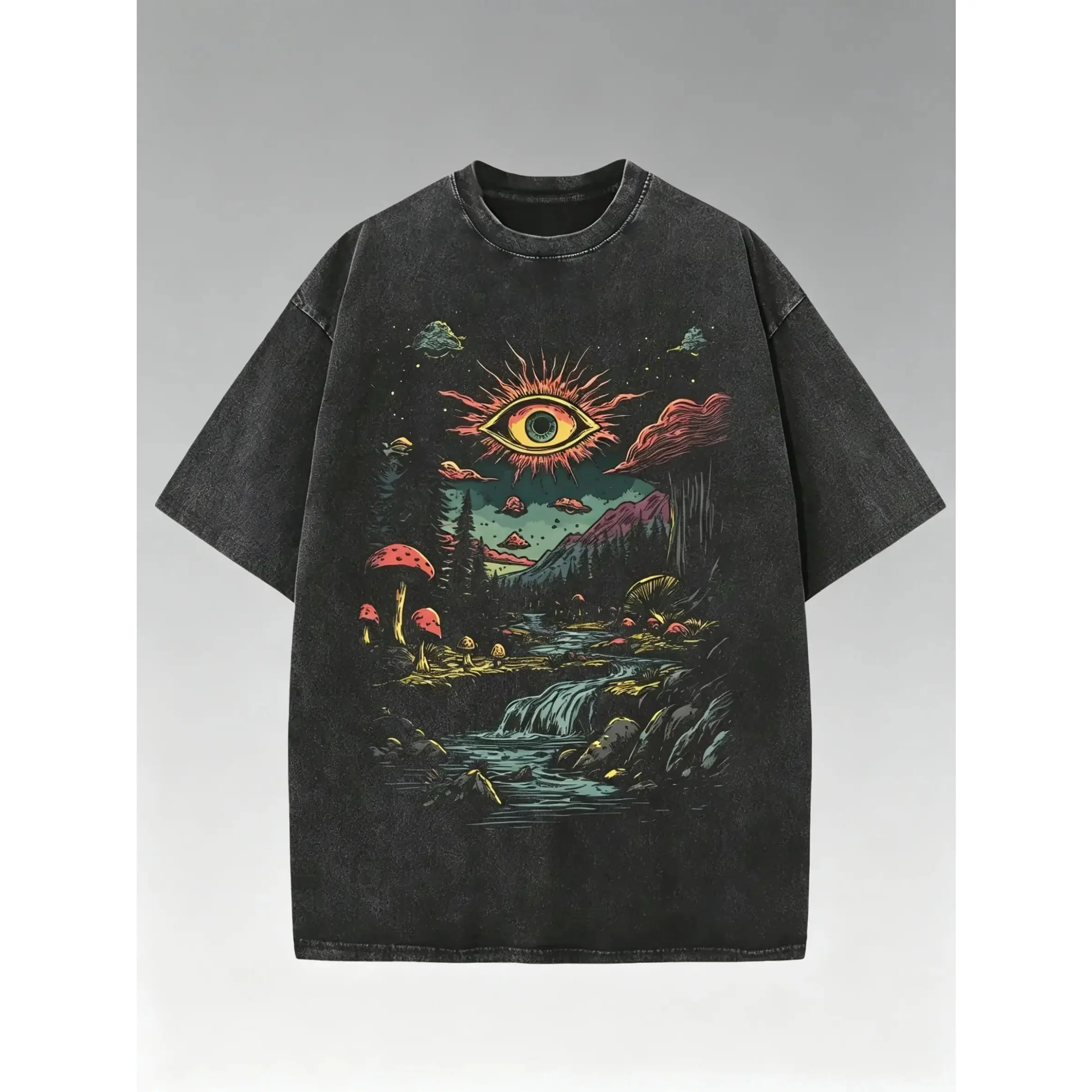 Men's Summer Casual Shortsleeve Round Neck 230G Washed Distressed T-Shirt, "Fantasy Forest And Sun Eye" Wax Printed Cotton, Festive Halloween Y2K Soulja Gothic Vintage Streetwear Tee, Great Gift for Outdoor Activities