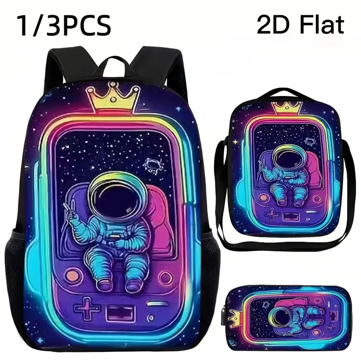 3pcss Unisex Large Capacity Backpack, Neon Space Astronaut Print, Adjustable Shoulder Straps, Zipper Closure, 3pcs Set Includes Backpack, Crossbody Bag And Pencil Case, Back-To-School, School, Camping, Travel, Outdoor Play Essential Bag