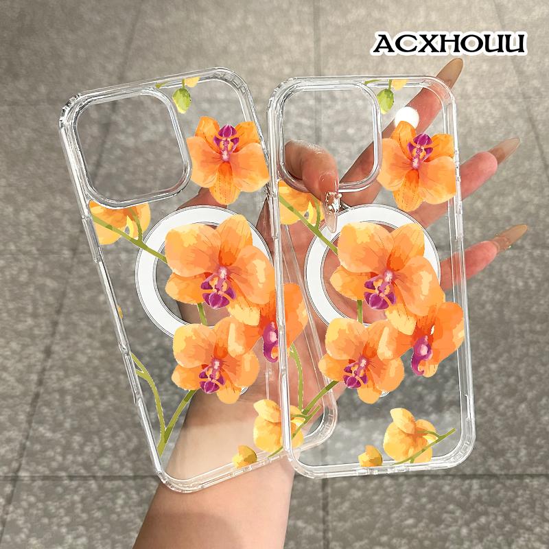Magnetic Compatible Case for iPhone 16 E Pro Max 15 Plus 14 13 12 11 XS XR, Cute Orange Orchid Watercolor Design | Shockproof, Stylish, Girly, Scratch Resistant, and Silicone Protection