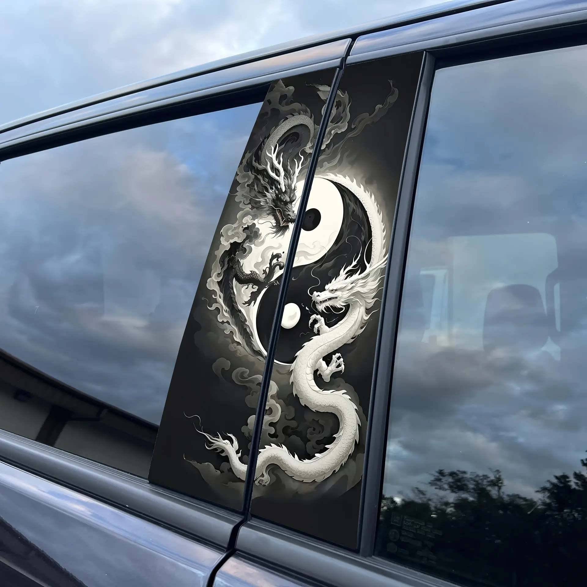 2-Pack Yin Yang Dragon Car Stickers - Easy Peel-and-Stick Vinyl Decals, Black and White Design for B-Pillar Protection, Weather-Resistant Automotive Accessories, Vehicle Aesthetic Enhancement, Dynamic Design, High-Quality Print