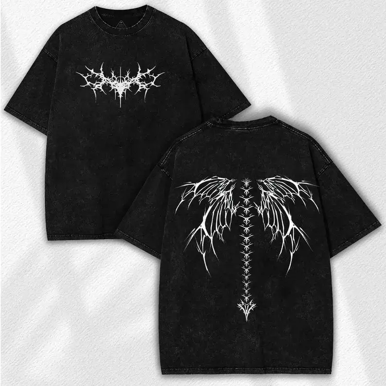 Spine Wings Washed Tee Gothic Vintage Streetwear Dark Skeletal Wing Art Oversized Casual Tshirt for Men Women Punk Rock Hip Hop Fashion Top with Distressed Washed Effect Unique Graphic Print