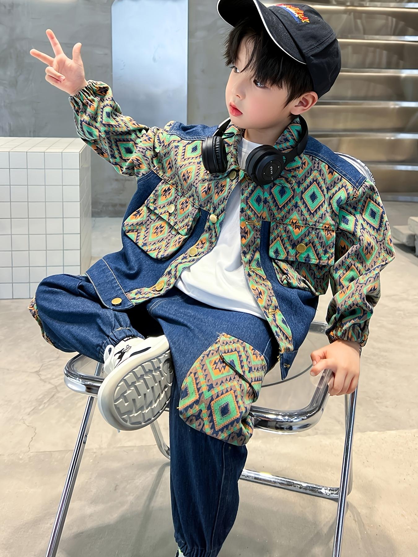 NewSuit Boys' Autumn Wear 2025 New Style Big Spring And Autumn Style Rogue Handsome Clothes Foreign Style Bohemian Style Fashion Suit Faux Denim Suit Two-Piece Set, for Outdoor