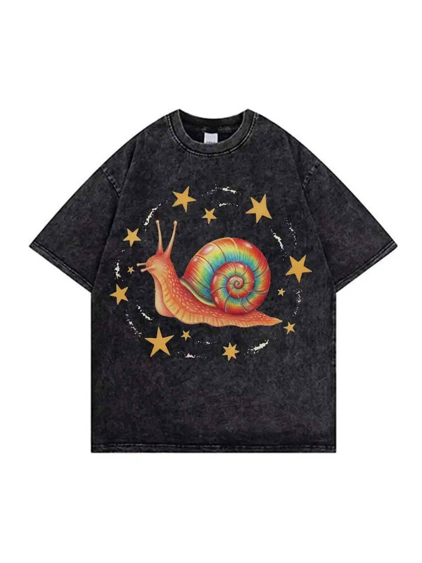 Star Snail Funny Cartoon Graphic T-Shirt Vintage Washed Black Oversized Tee, Perfect Gift Cool Shirts,Graphic Washed Oversized Tees for Men & Women,Summer Round Neck Short Sleeve ,Sports Shirt,Workout T-shirt