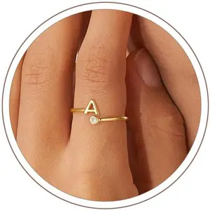 Initial Rings for Women Teen Girls - Non Tarnish Dainty 14K Gold Plated Adjustable Letter Rings, Stackable Cute Thumb Pinky Fashion Unique Open Simple Birthday Gifts Jewelry