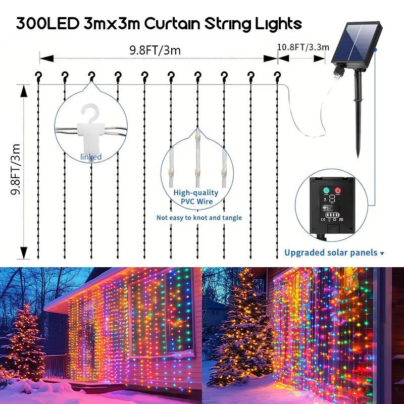 Solar Powered LED Curtain Light String, LED Light String with Remote Control & Timer, Solar Strip Lights, Decorative Light for Home, Garden, Balcony, Garden Decorations