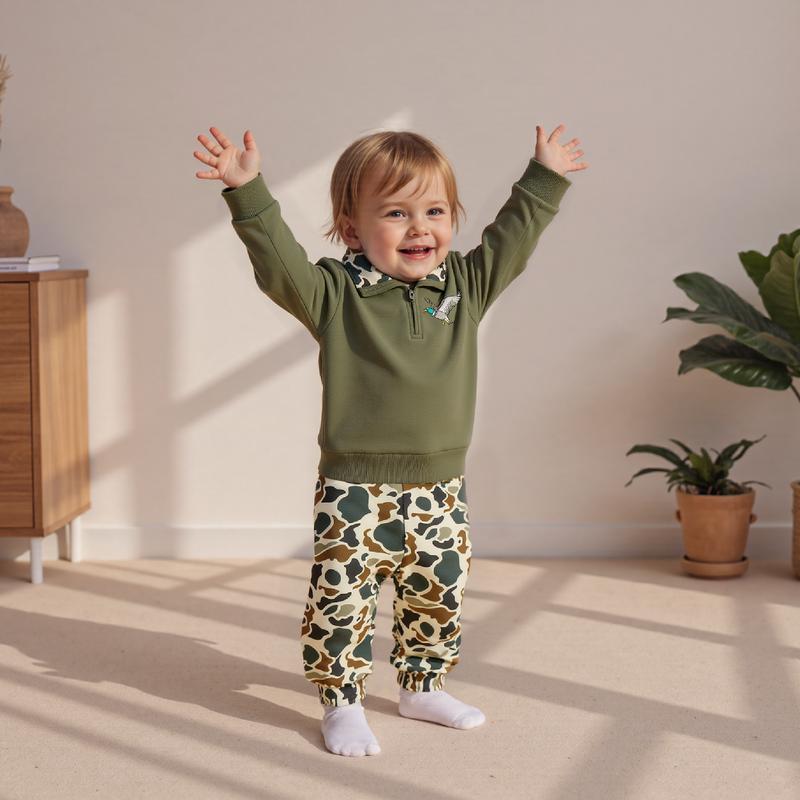 Babamoon Toddler Baby Boy Fall Hunting Outfits Half Zip Long Sleeve Animal Mallard Duck Print Pullover Tops Camouflage Pants 2Pcs Wild Clothes Set