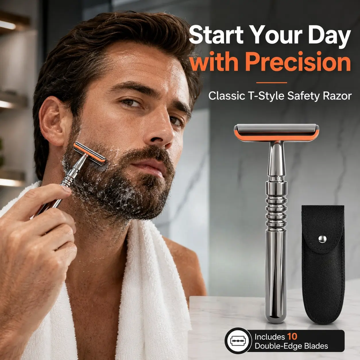 Double-Edged Safety Razor for Men, Single Blade Shaver with 10 Replaceable Blades, Reusable Metal Shaving Tool, Smooth and Comfortable Shave