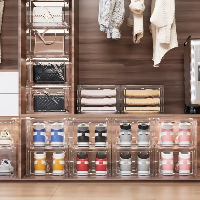 Clear Acrylic Storage Box, Dustproof Storage Boxes, Stackable Dust‑Proof Display Case, Space‑Saving Organizer for Sneakers Figures Dolls Blocks Bags, Apartment Dorm Closet, 2‑Pack, Housewarming Gift
