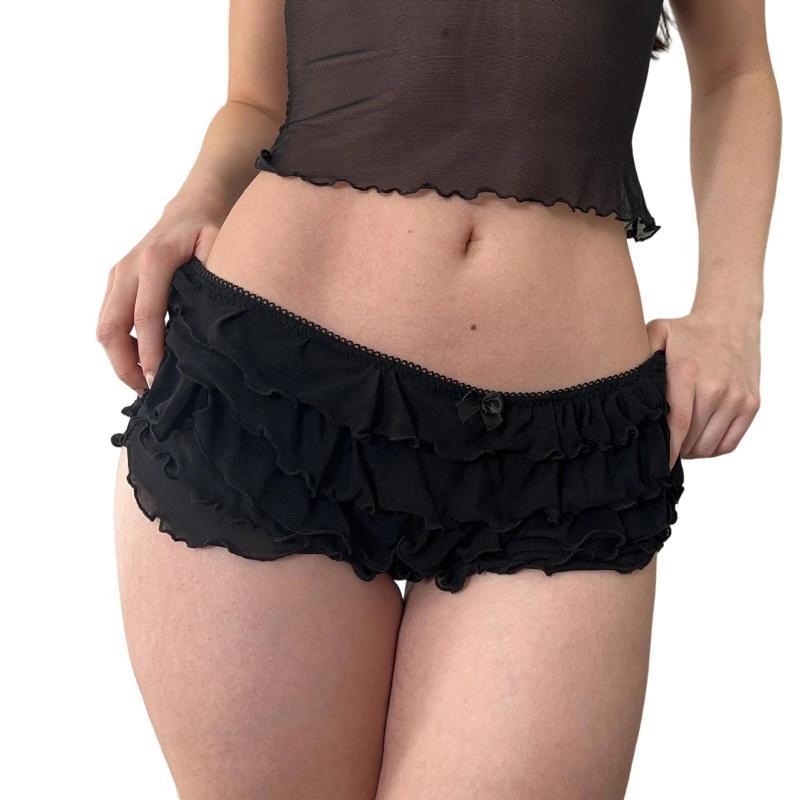 Lamuusaa y2k Bloomers Women Aesthetic Mini Bow Elastic Waist Low Rise Layered Ruffle Under Shorts for Dresses Summer Clothes