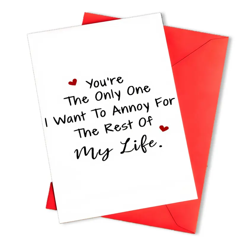 A blank Valentine's Day greeting card with envelope, featuring black handwritten English text, red heart decorations, and humorous love messages, suitable for gifting to a partner, lover, or best friend. The love-themed elements highlight a playful, roman