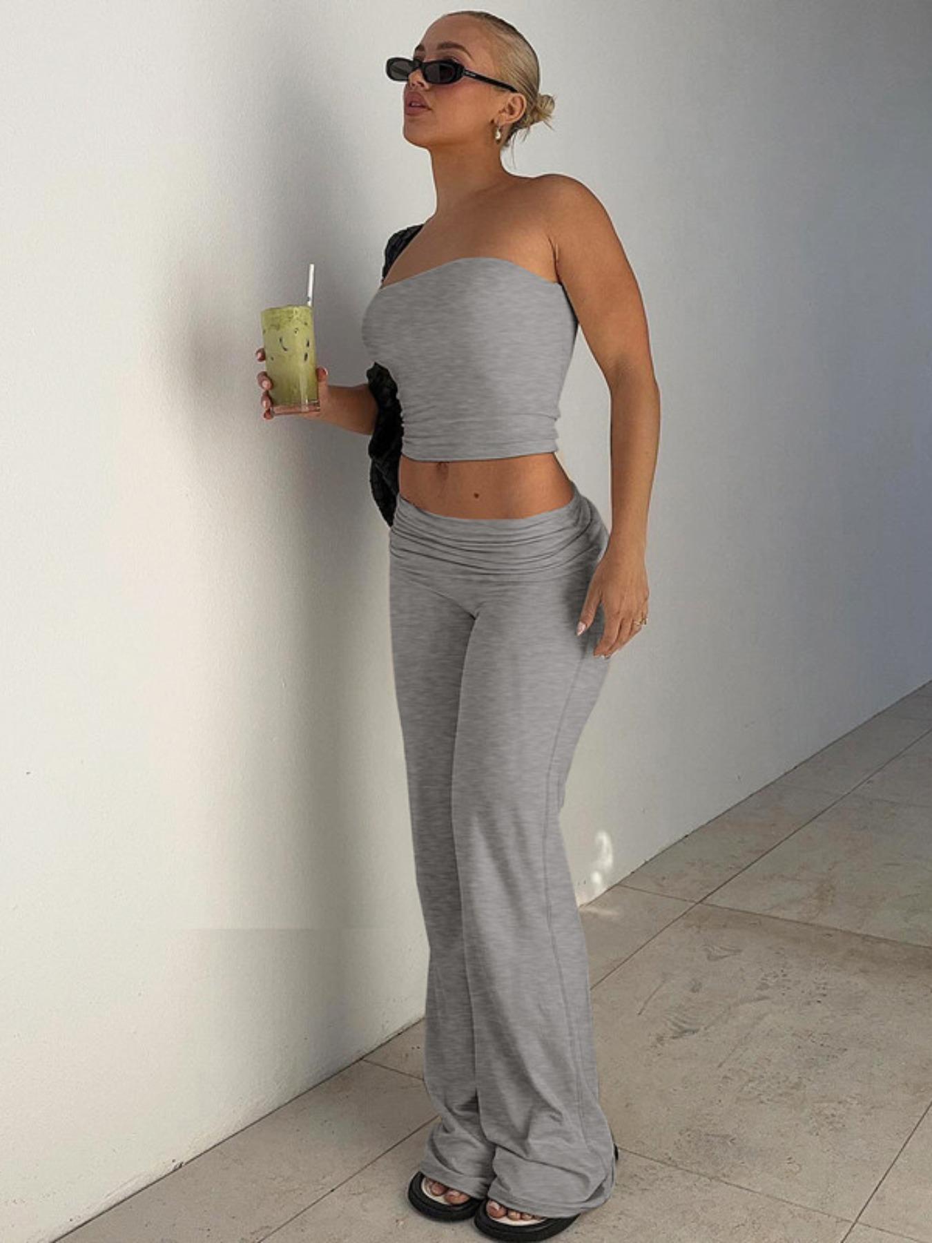 Ocean Style 2026    Two-Piece Set Women's Solid Crop Tube Top & Foldover Waist Flare Leg Pants, Casual Fashion Cozy Outfits for Daily Outdoor Wear, Ladies Clothes for Summer