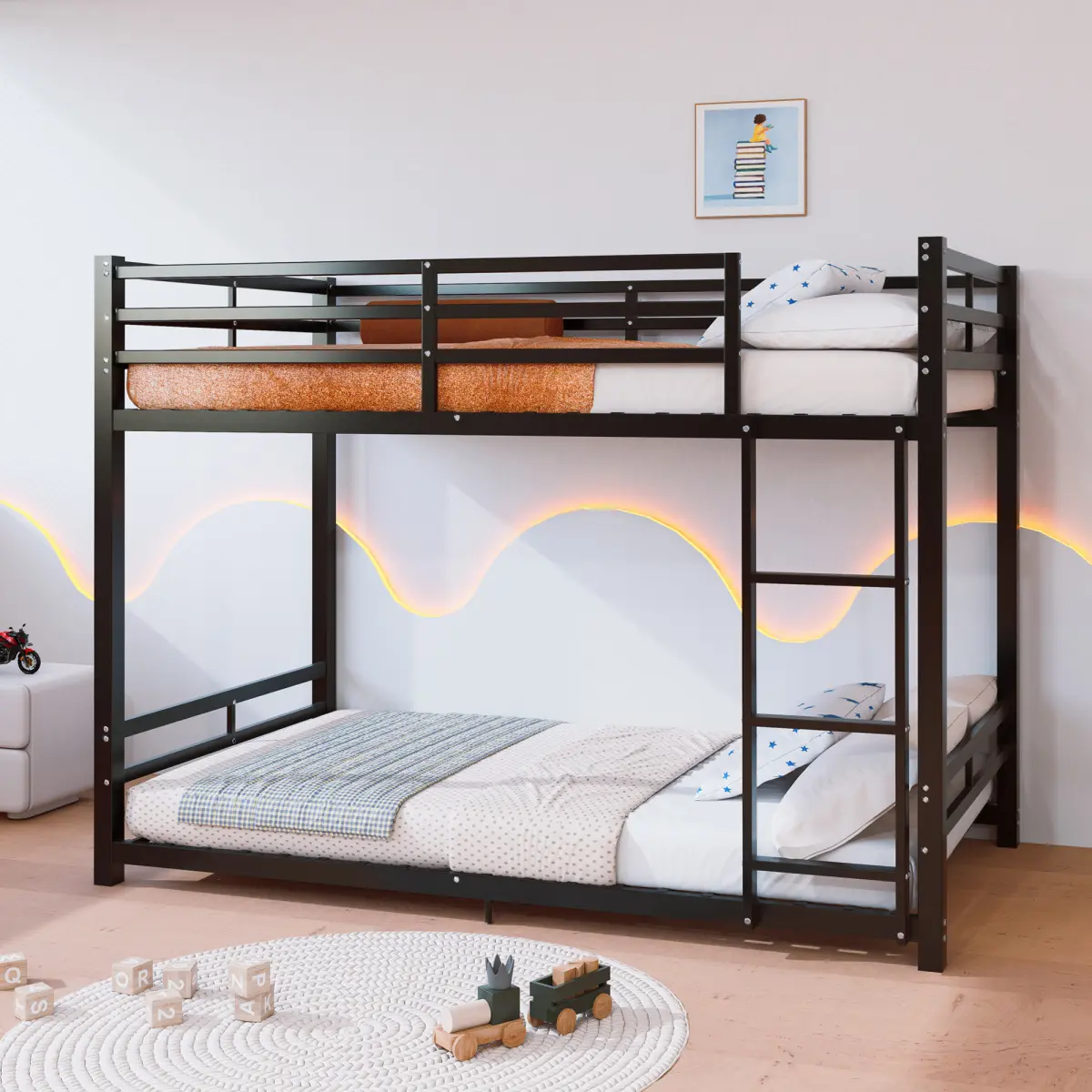 Twin Over Twin Metal Bunk Beds with 19 bed crossbars Heavy Duty Bed Frame with Safety Guard Rail and Ladder Low Floor Bunk Bed for Boys Girls Adults 400 plus 480lbs load capacity No Box Spring Needed in Black