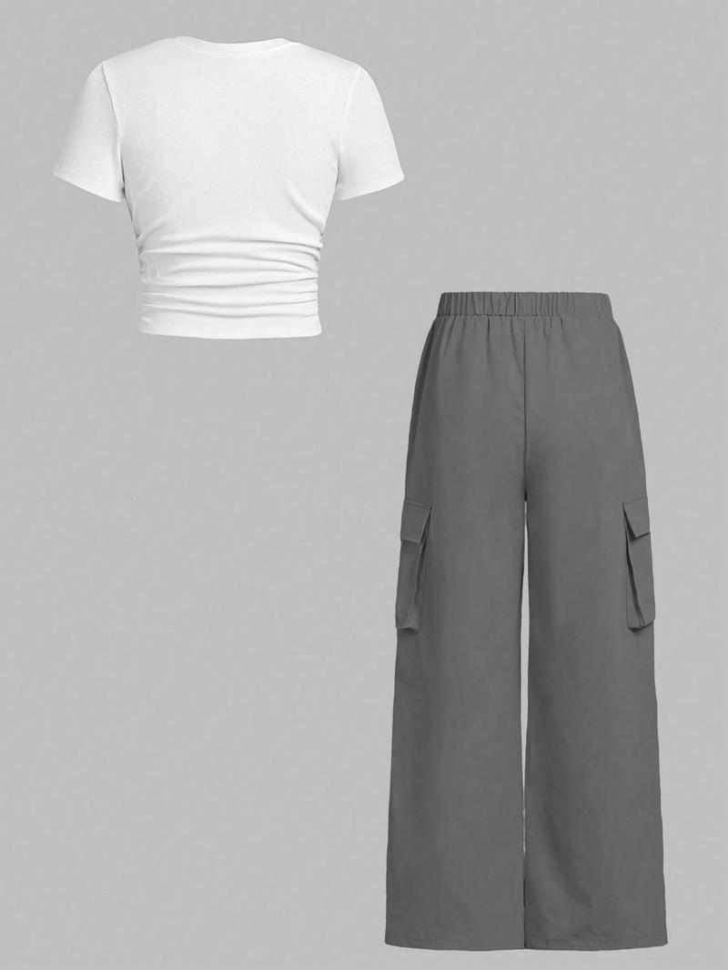 Women's Solid Ruched Ribbed Tee & Pocket Cargo Pants Two-piece Set, Street Fashion Short Sleeve T-shirt & Elastic Waist Trousers for Daily Wear, Ladies Two-piece Outfits for All Seasons