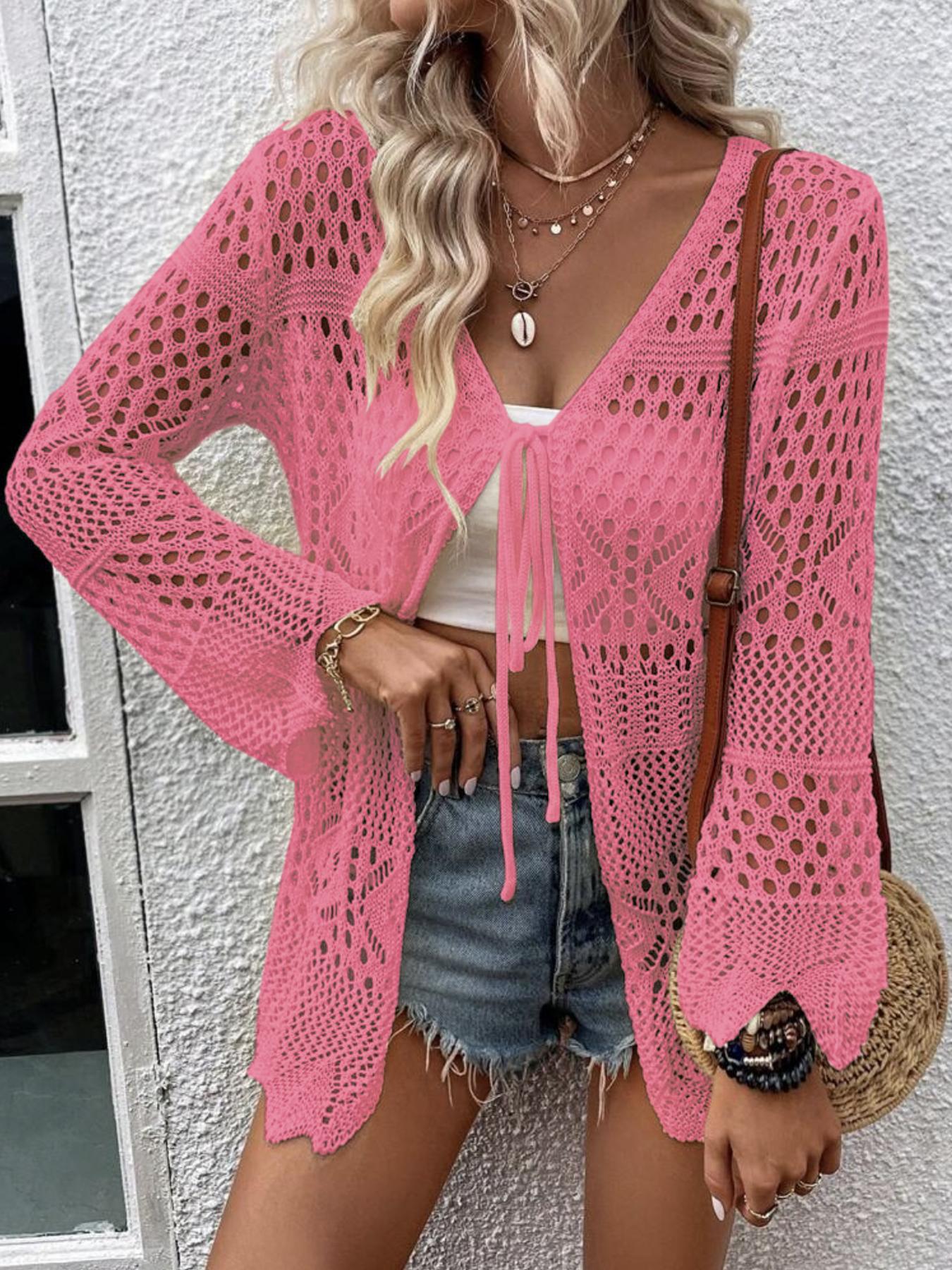 Women's Solid Color Hollow Out Tie Front Crochet Cardigan, Casual Long Sleeve Knitwear for Summer, Fashion Women's Knit Clothing for Daily Wear, Knitting