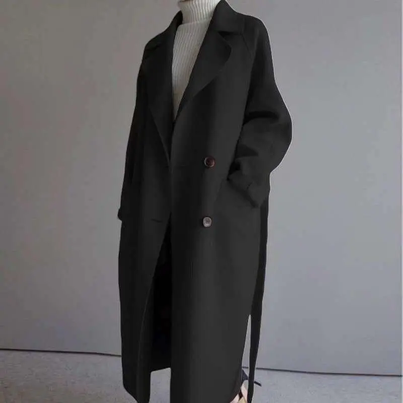 Yao di ren Women's Woolen Coat Autumn Winter Long Loose Over-the-Knee Waist-Tied Woolen Overcoat Casual Minimalist Black Beige Caramel Basic Outerwear Open Front Trench Coat for Women