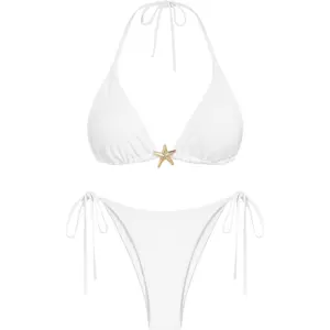 Women's Sexy Halter Bikini Sets Beads Tie Side Solid Triangle Thong Swimsuit Two Piece Cheeky Bathing Suits
