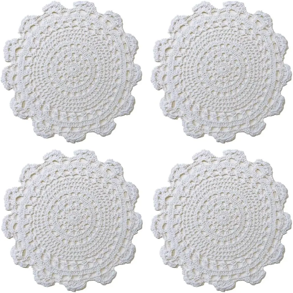 Handmade Crochet Round Cotton Lace Table Placemats Doilies, Pack of 4, 10 Inch, White