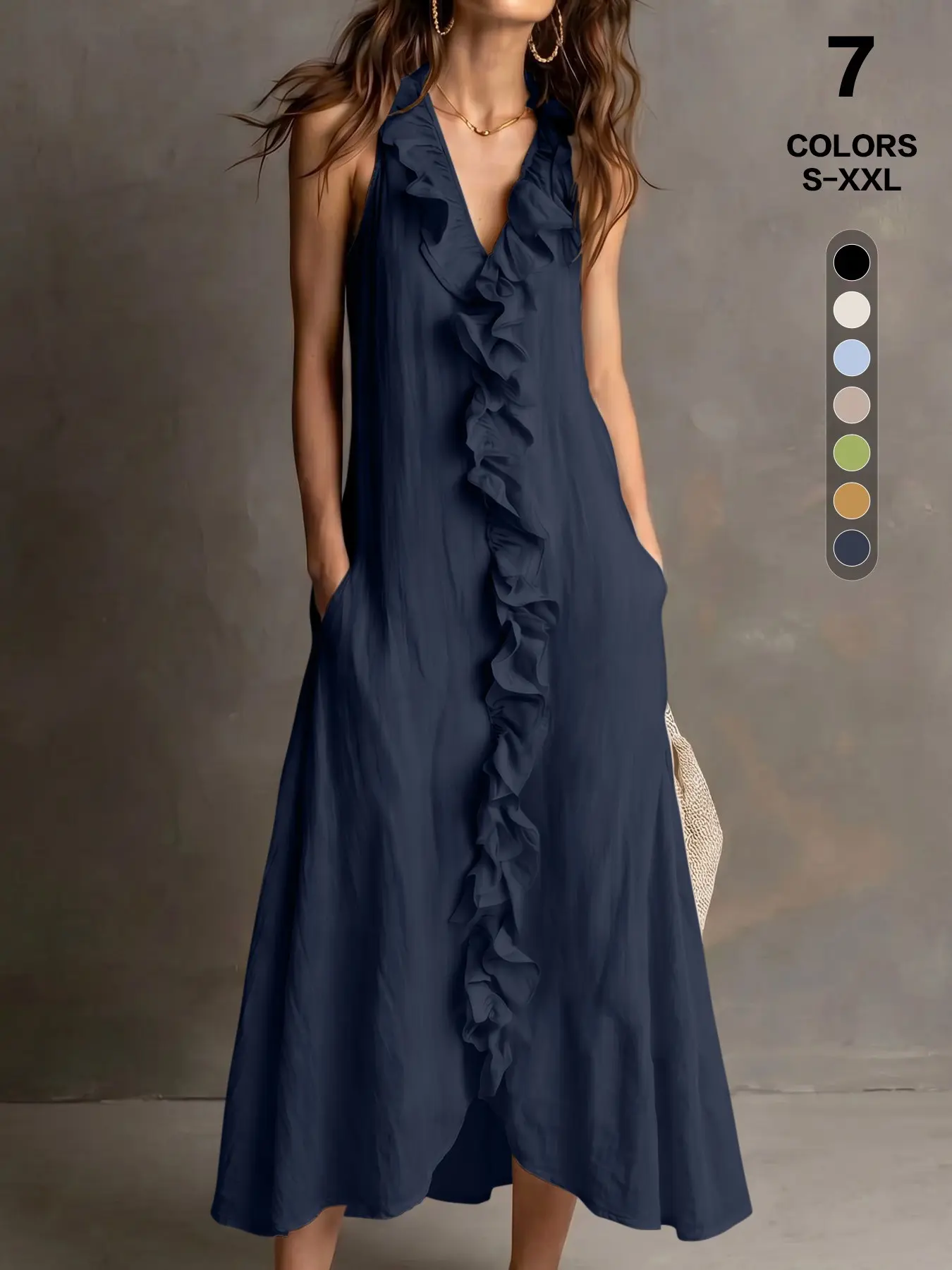 2026 Summer Bestseller Women's Boho Casual Style Ruffle Halter Maxi Long Dress, Sleeveless V Neck Flowy Beach Vacation Dress, Loose Fit with Pockets