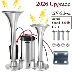 2026 Upgrade Dual Tube Air Horn with Compressor, 130db 12V Car Truck Horns Kit, Silver, Suitable for Cars Trucks Pickups Suvs Boats