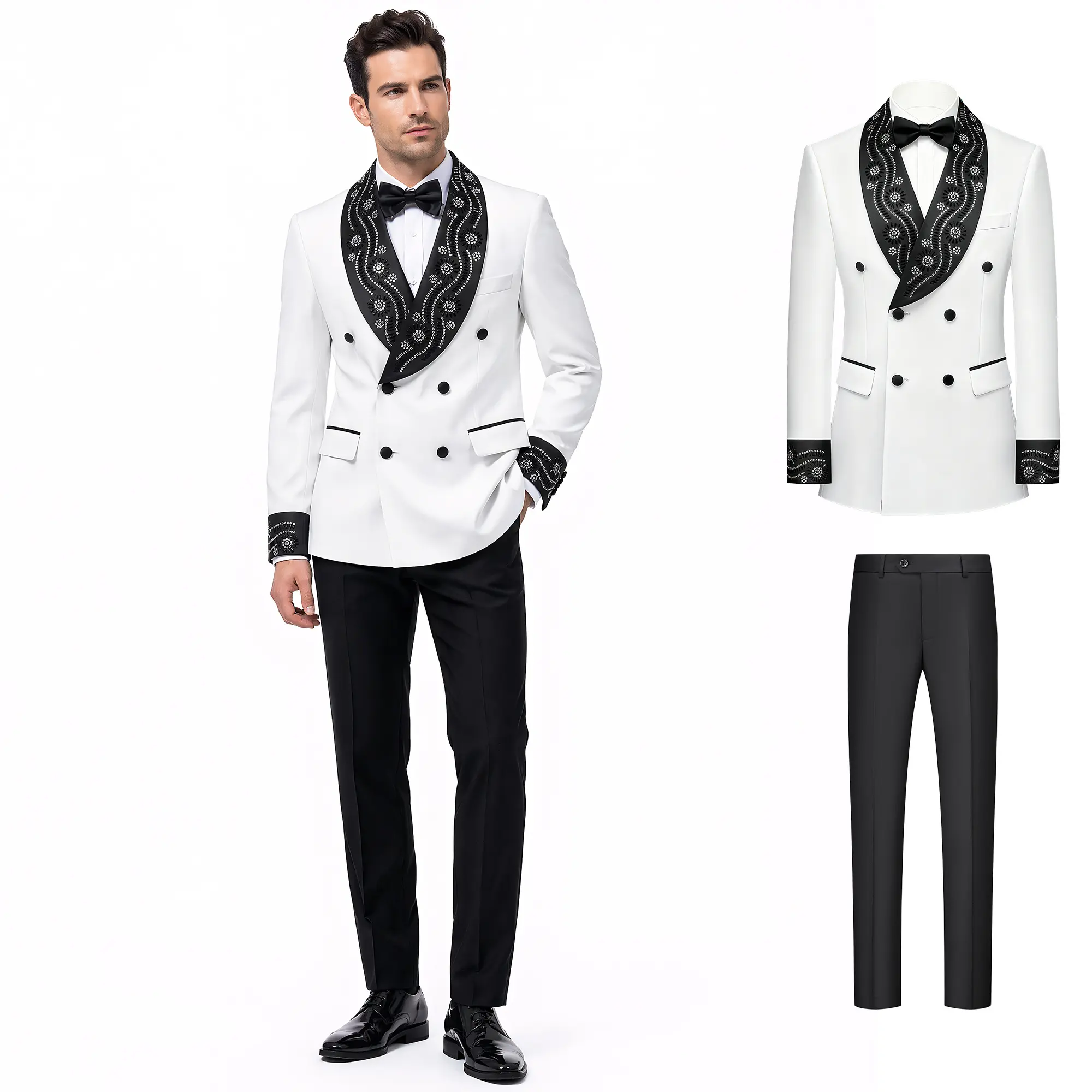 Men's 2 Piece Rhinestone Tuxedo - Black & White Double-Breasted Suit for Wedding Prom Party