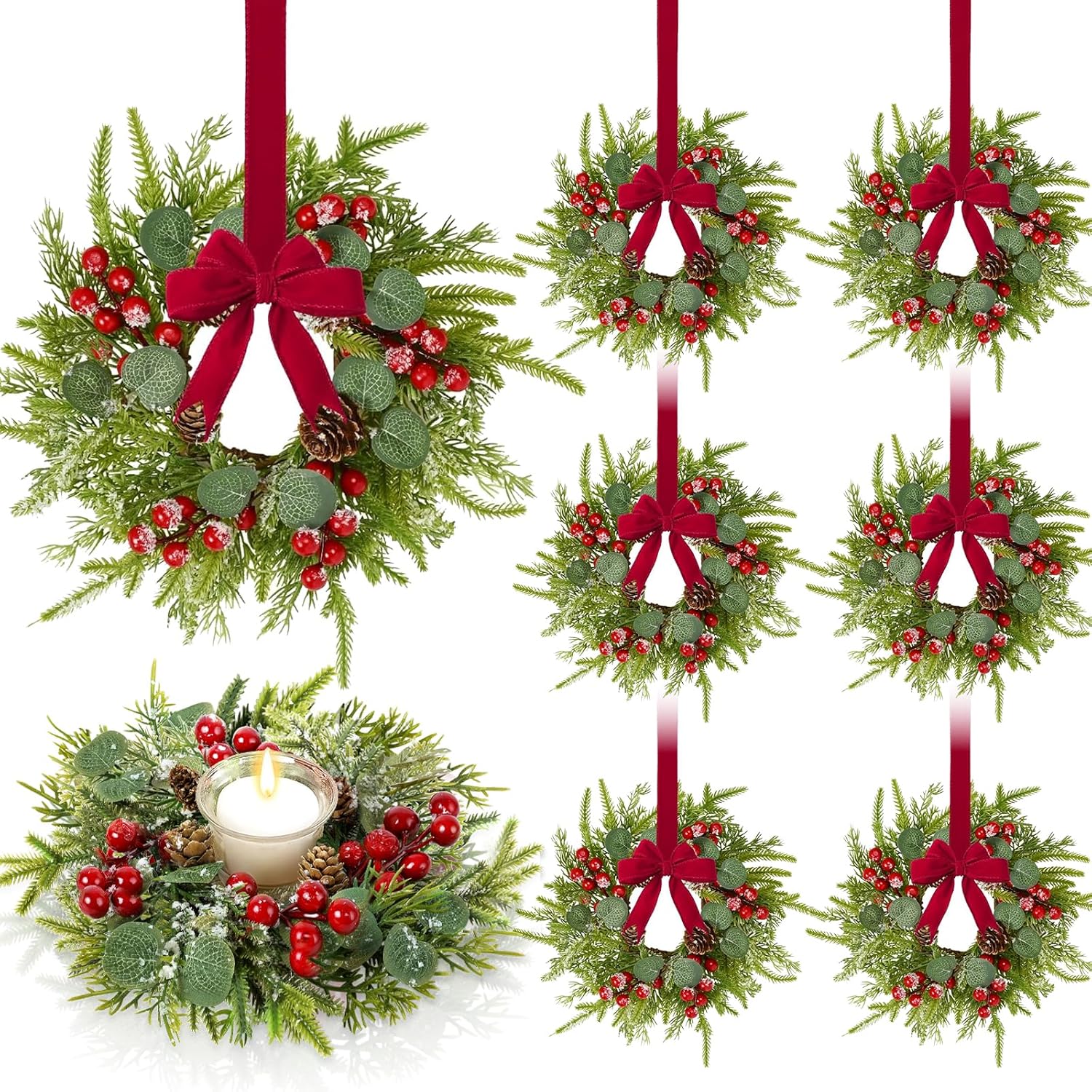 6 Pcs 9.2" Mini Christmas Wreaths for Cabinets Small Wreath Kitchen with Ribbon Christmas Decorations Candle Rings Red Berry Pine Cone Wreaths for Windows 6 Pcs 9.2" Mini Christmas Wreaths for Cabinets Small Wreath Kitchen with Ribbon Christmas Decorations Candle Rings Red Berry Pine Cone Wreaths for Windows