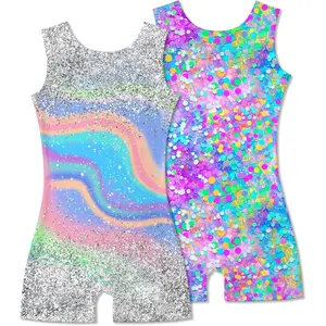 2 Packs Kids Girls Gymnastics Dance Leotards Mermaid Leopard Print Biketard with Shorts