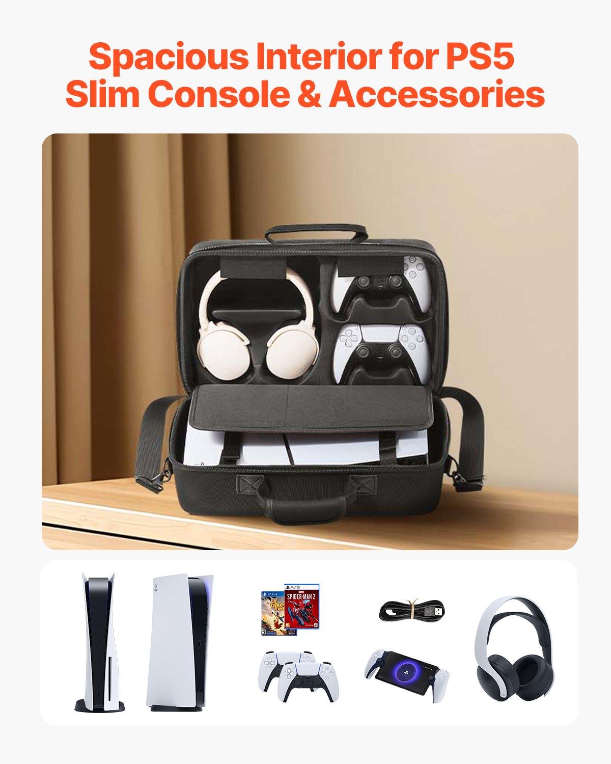 VEVOR PS5 Carrying Case, Travel Bag for Playstation 5 Slim Shockproof EVA, Soft Interior Lining & Padded Dividers for Extra Protection, Spacious Design with Carry Handle for Storage, Home & Party