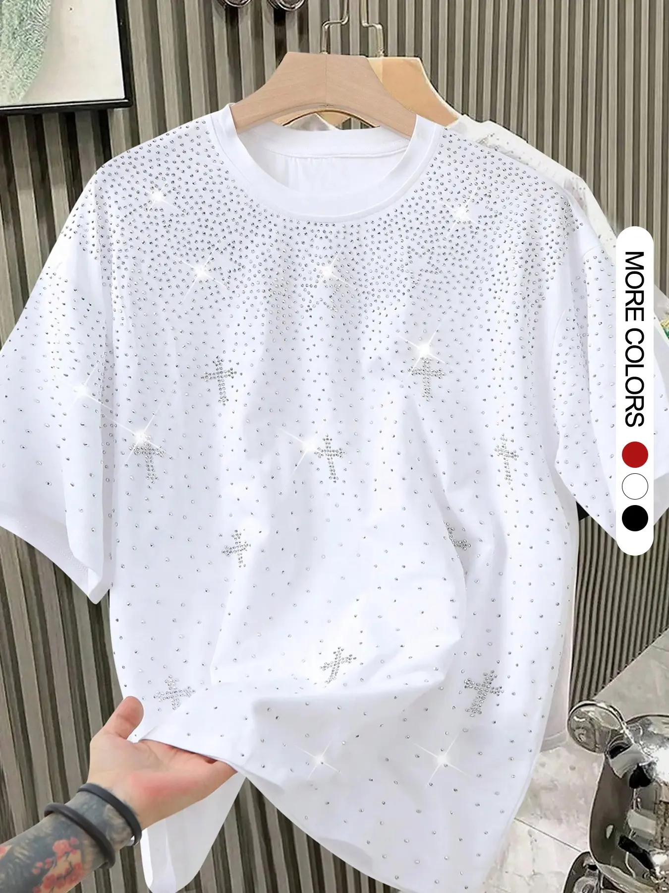 Men's Rhinestone Round Neck T-Shirt, Vintage American Street Style, Classic, Streetwear, Casual Daily Wear, Comfortable Fit, All Seasons