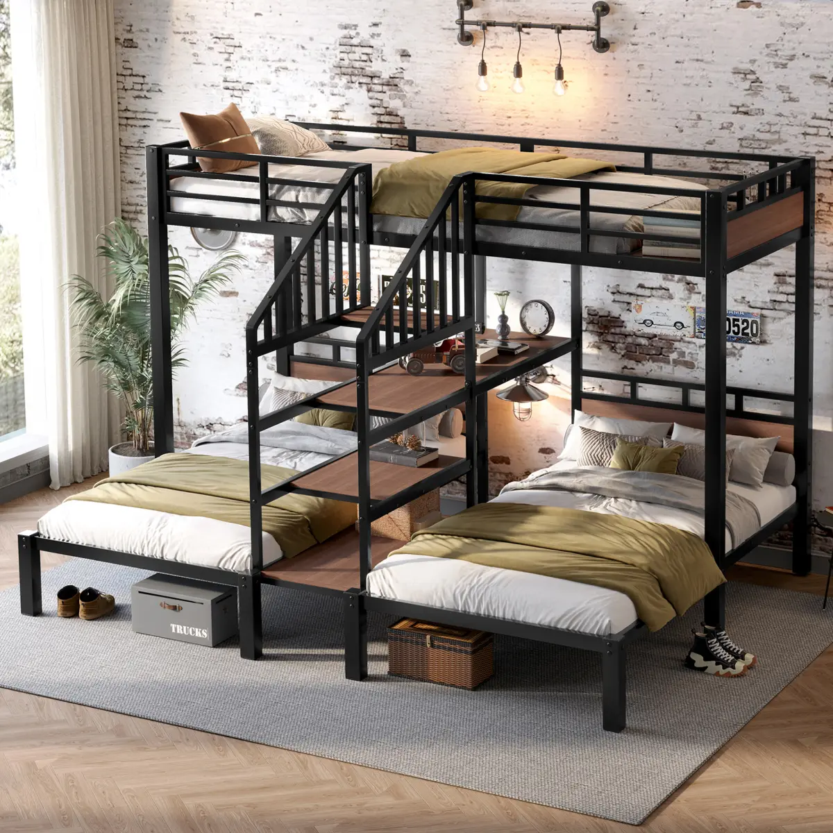 Twin over Twin over Twin Metal Bunk Bed ,triple metal bunk bed with Storage shelves and storage stairs,Black