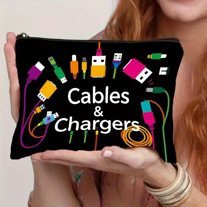 Cable Organizer Bag with Colorful Tech Icons, Durable Fabric Travel Box for Power Banks, Cables, Electronics, Unisex Gift, Portable Travel Organizer