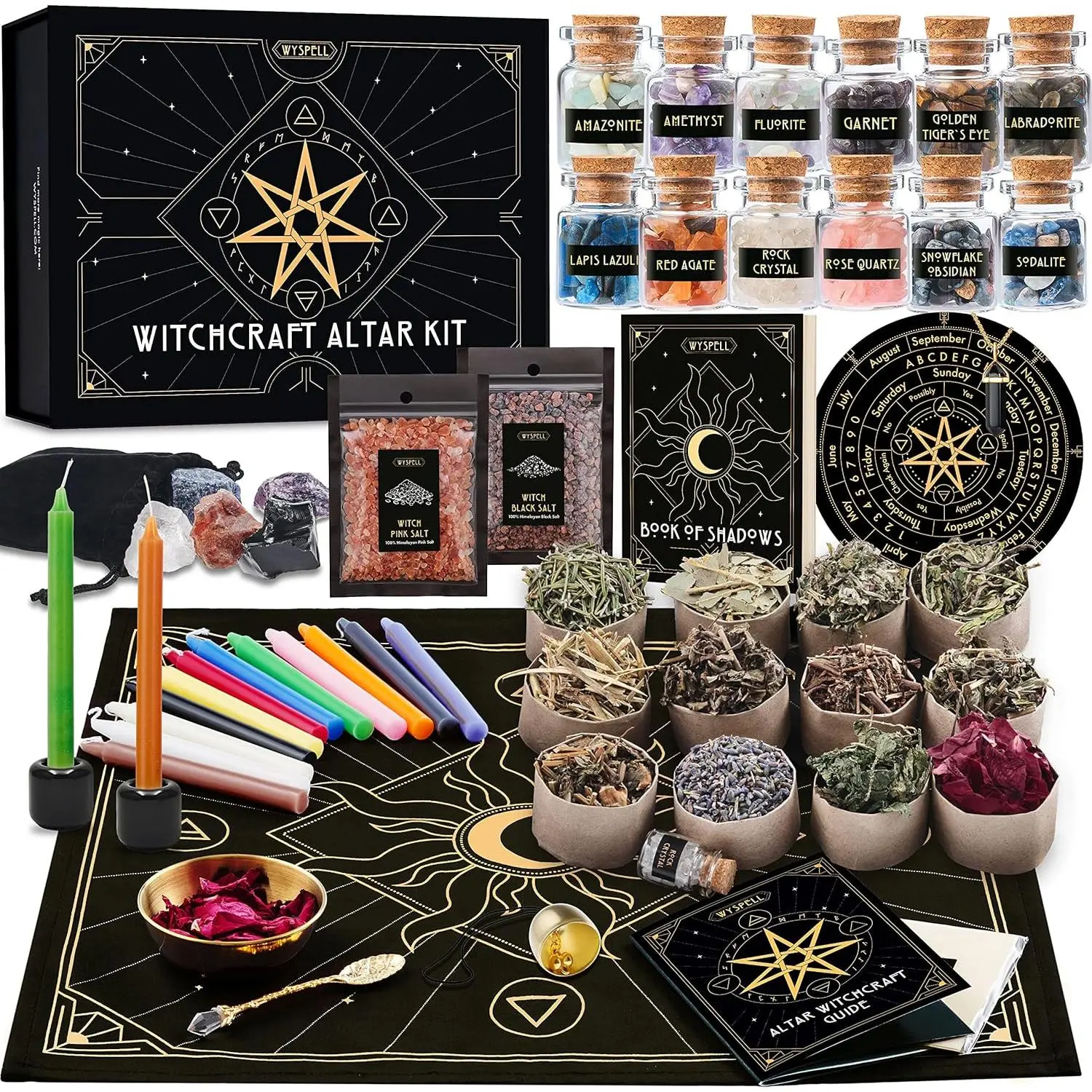 Large Witchcraft Kit 77 PCS - Witch Altar Spell Set - Wiccan Supplies & Tools - Witchy Gifts for Beginners: Spell Candles, Dried Herbs, Crystals, Stones, Cloth, Pendulum, Bowl & Spoon