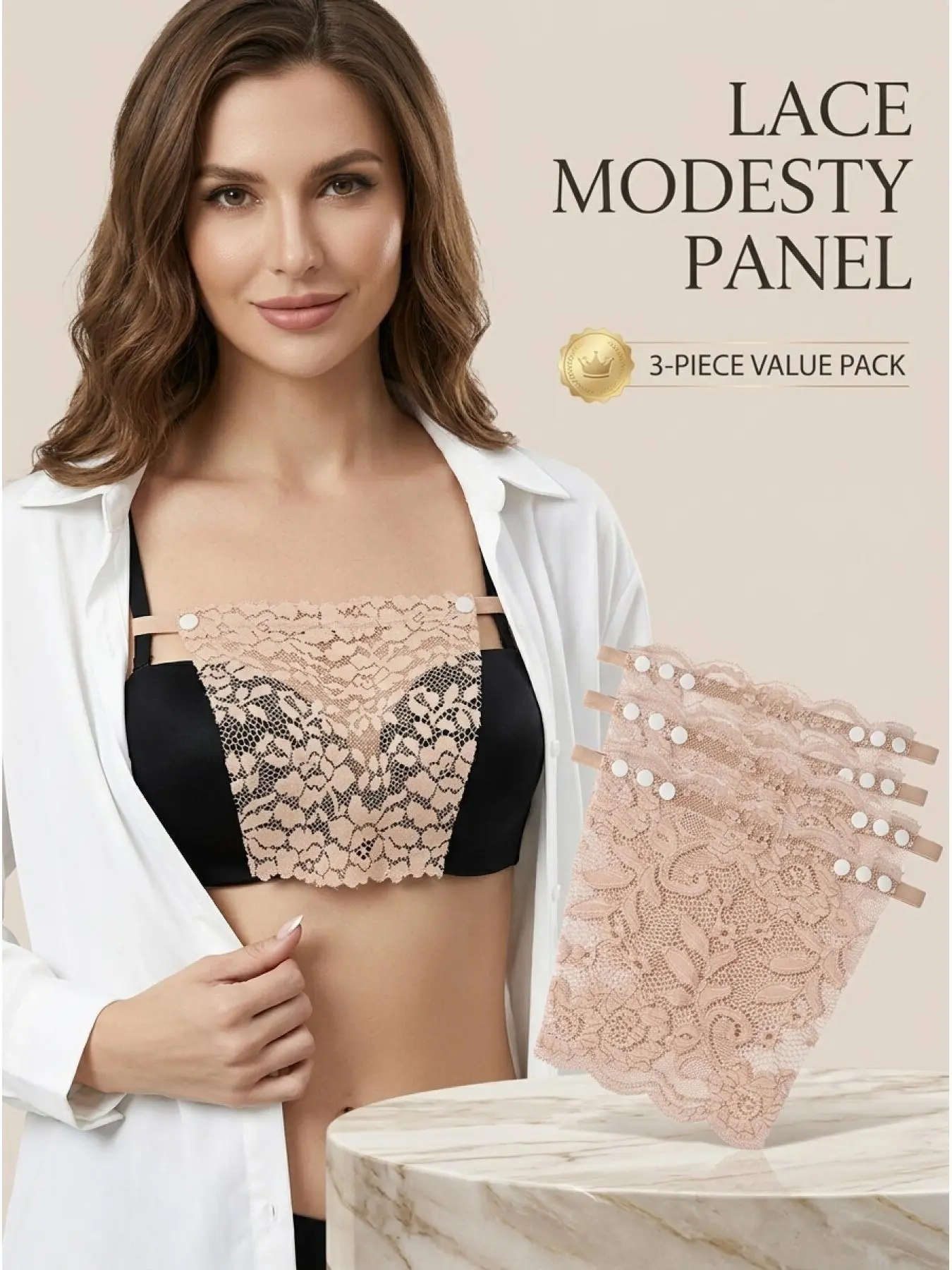 3 pieces one-piece anti-glare plunging top, women's covering fabric, lace trim, lightweight style, base layer anti-slip protection, chest coverage, lace low-neck covering for chest protection, sexy anti-glare fabric