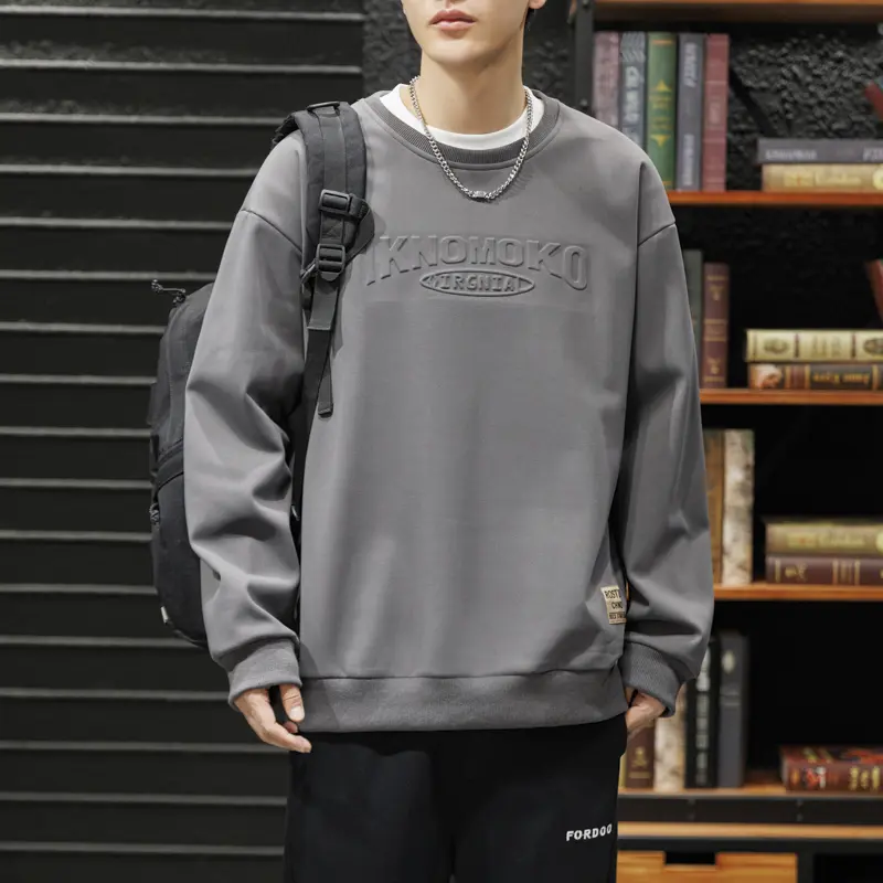 Men's Solid Color Knitted Sweatshirt Tops - Menswear Long Sleeve Loose-Fit Pullover with 3D Letter Pattern, Small Fabric Label, Ribbed Collar/Cuffs/Hem, Soft Breathable Skin-Friendly Fabric, Simple Street Style for Daily Casual Wear