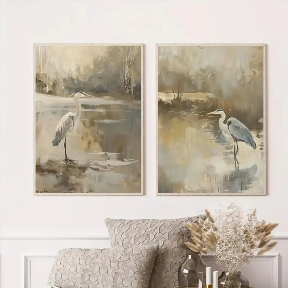 2 Pieces Cream White Vintage Red-crowned Crane Art, Canvas Wall Mural, Simple Elegant Home Art, Classic Gallery Decor, Soft Tone Painting, Wall Decor for Living Room, Bedroom and Study, Framed or Unframed.