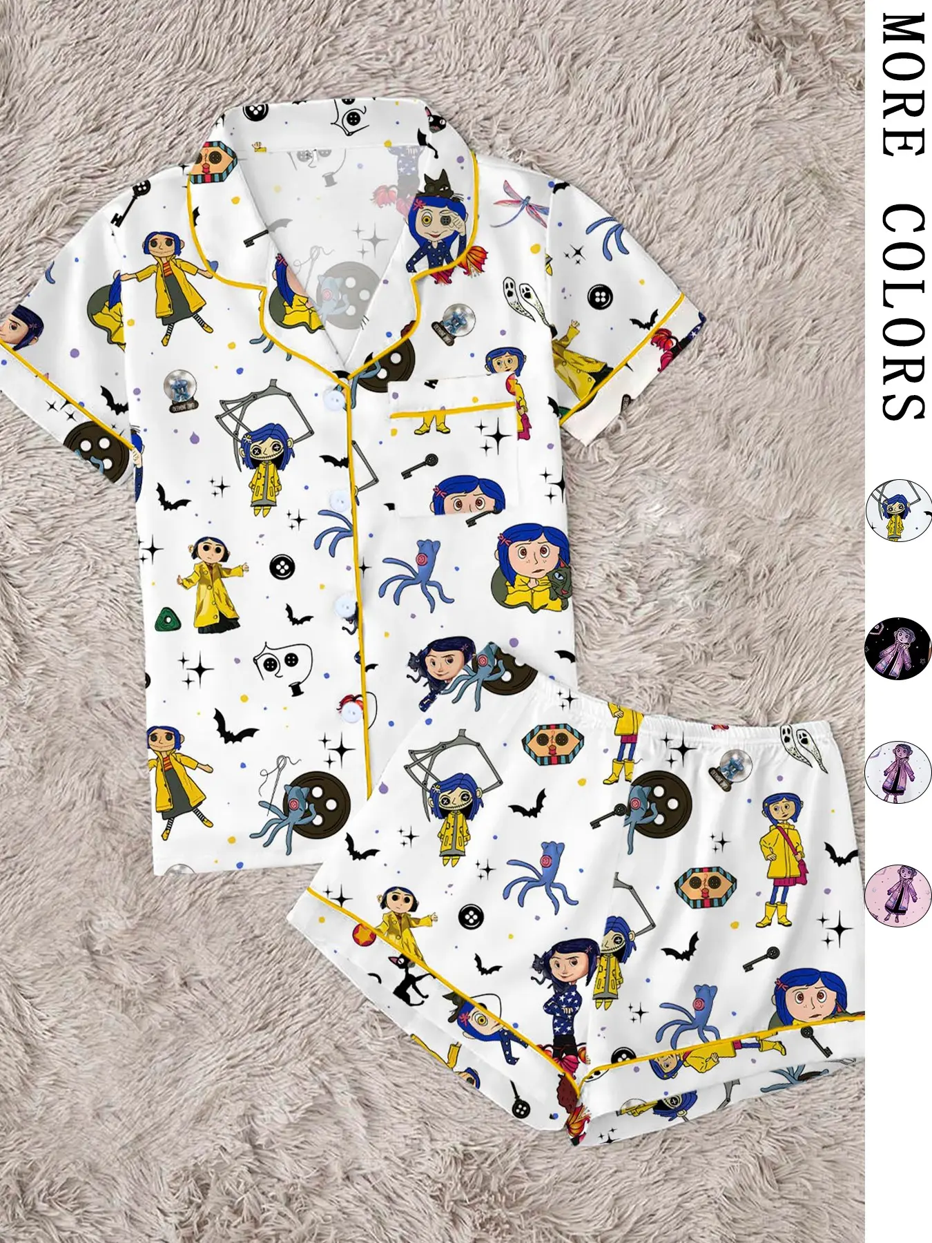 Halloween Women's Fantasy Adventure Cartoon Girl Print Pajama Set, Short Sleeve Open Front Two-Piece Sleepwear Loungewear, Trim Gothic Style, Pajamas Sets, Pj Sets