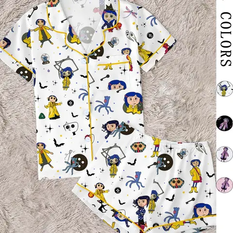 Women's Fantasy Adventure Cartoon Girl Print Pajama Set Pyjamas, Short Sleeve Open Front Two‑Piece Sleepwear, Gothic Style, Cozy Pjs