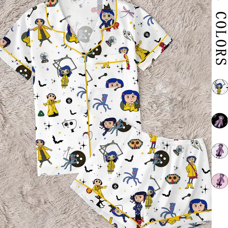 Women's Fantasy Adventure Cartoon Girl Print Pajama Set Pyjamas, Short Sleeve Open Front Two‑Piece Sleepwear, Gothic Style, Cozy Pjs