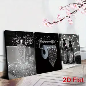 2D flat paintings, 2D flat paintings, 3-piece black and white glitter canvas painting set, ready to hang, suitable as wall art for the bathroom or bedroom. Perfect for home decoration, these pre-packaged canvas paintings are an excellent choice to enhance